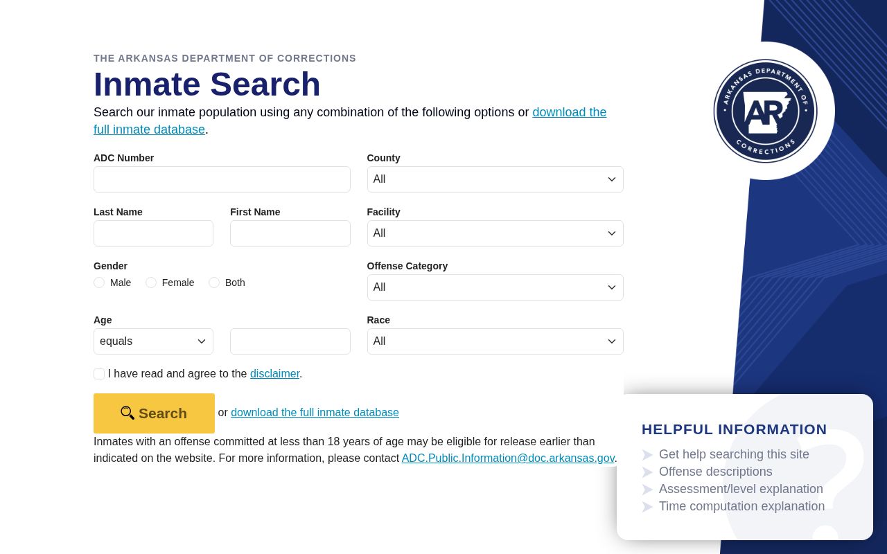 Clark County Arkansas DOC offender record search form